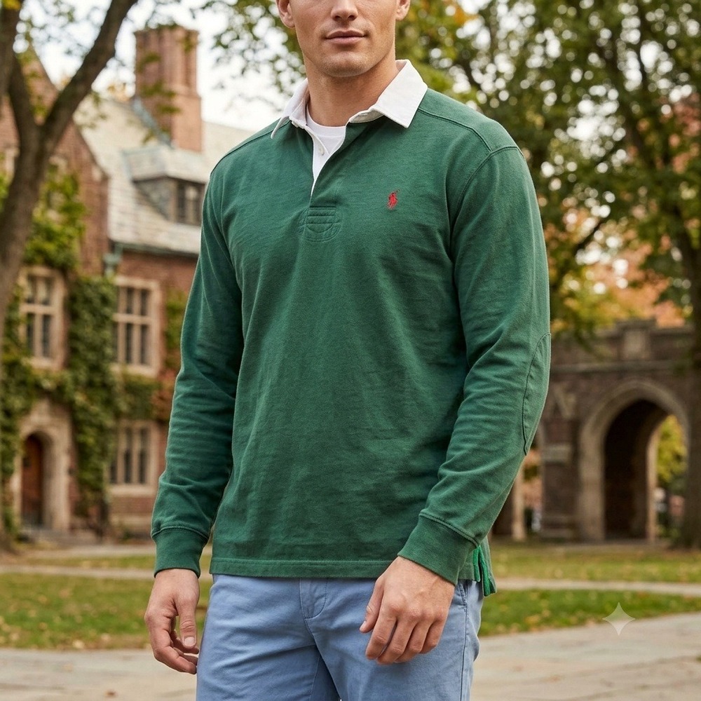 Polo Ralph Lauren Rugby Shirt Mens 2XLT Green Long Sleeve Elbow Patch Logo